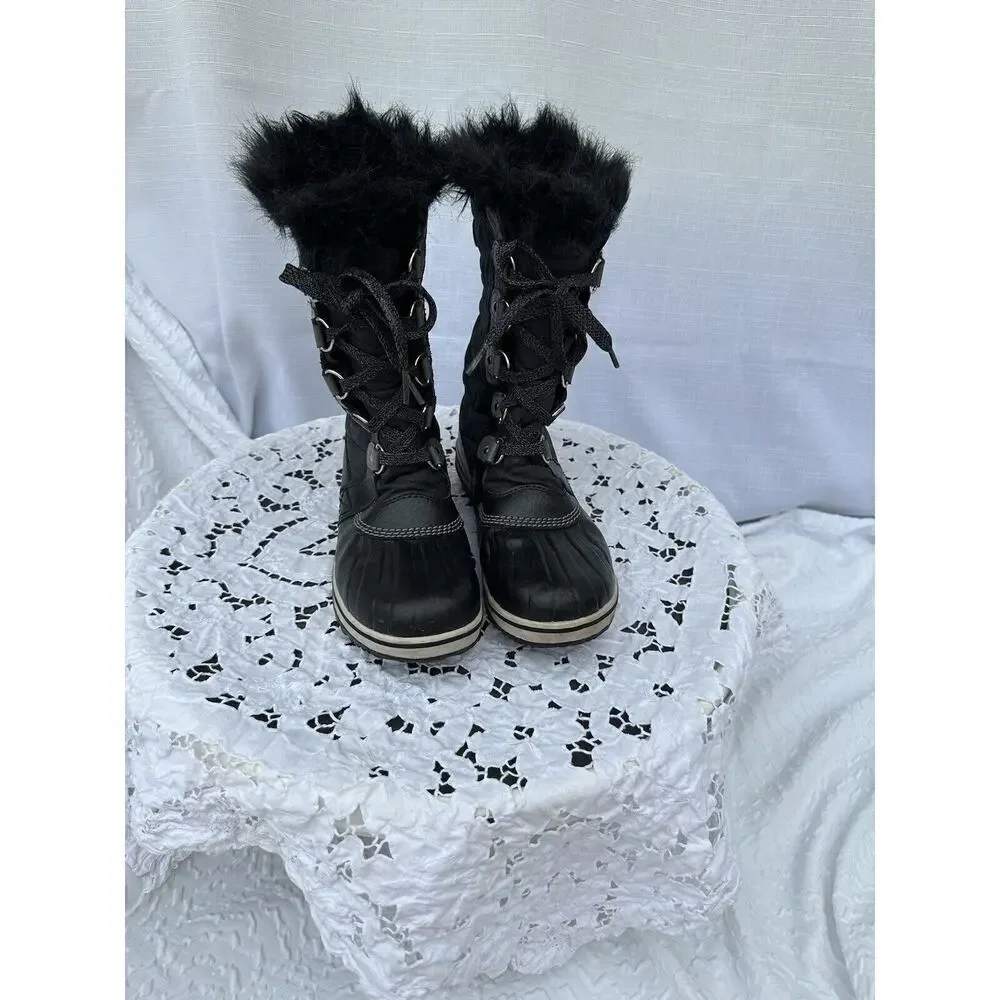Sorel Tofino II Black Size 5 Waterproof Boots Faux Fur Lace Up Mid Calf